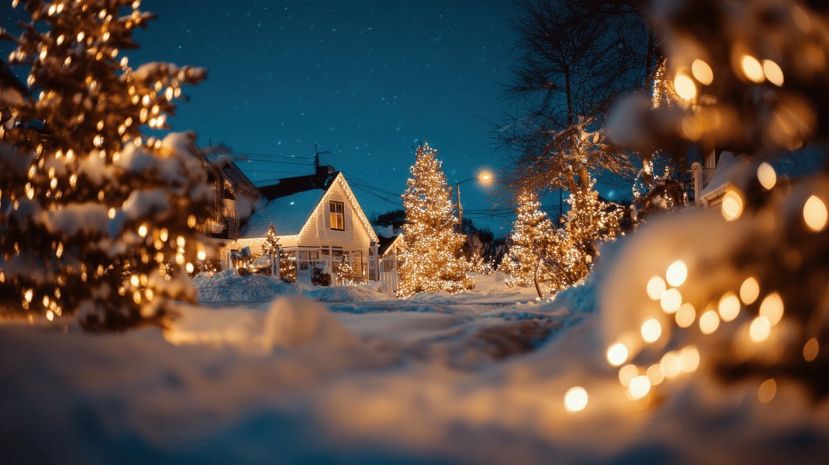 Vánoční ozdoby na stromech a domech v zasněžené ulici